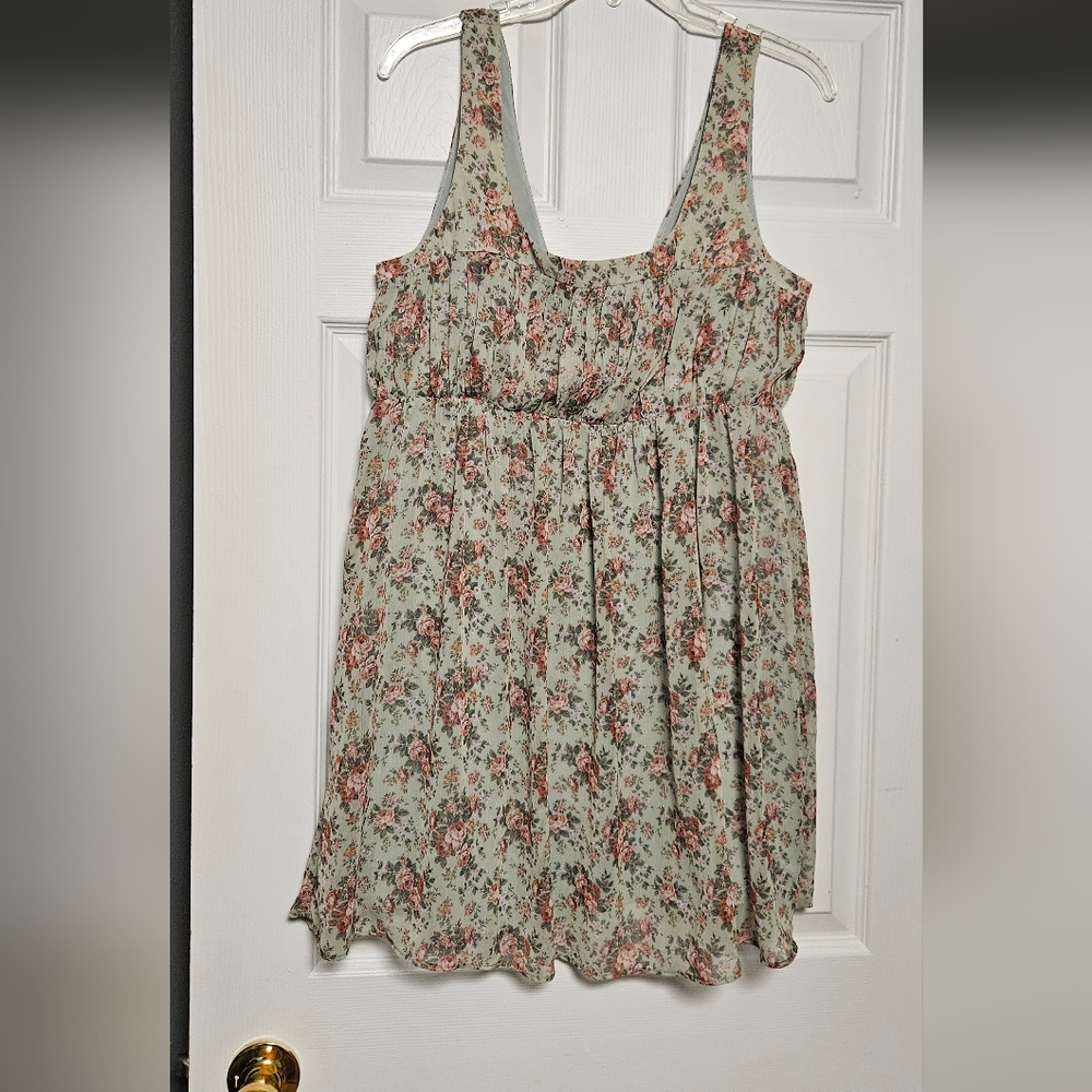 Zara Tea sleeveles top Teal Green Rusty  Floral Roses  Womens LARGE